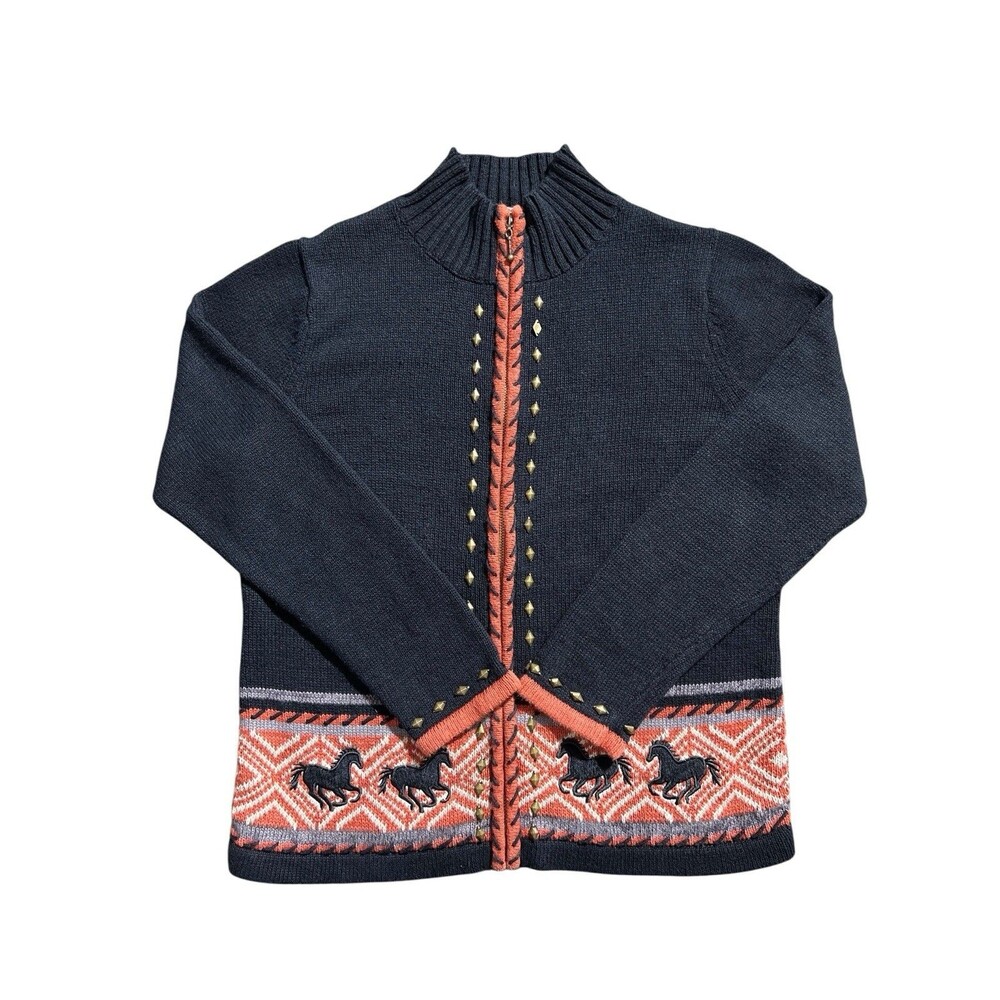 timberlea Horse Trim sweater Zip Up Equine Western Studded Sz M